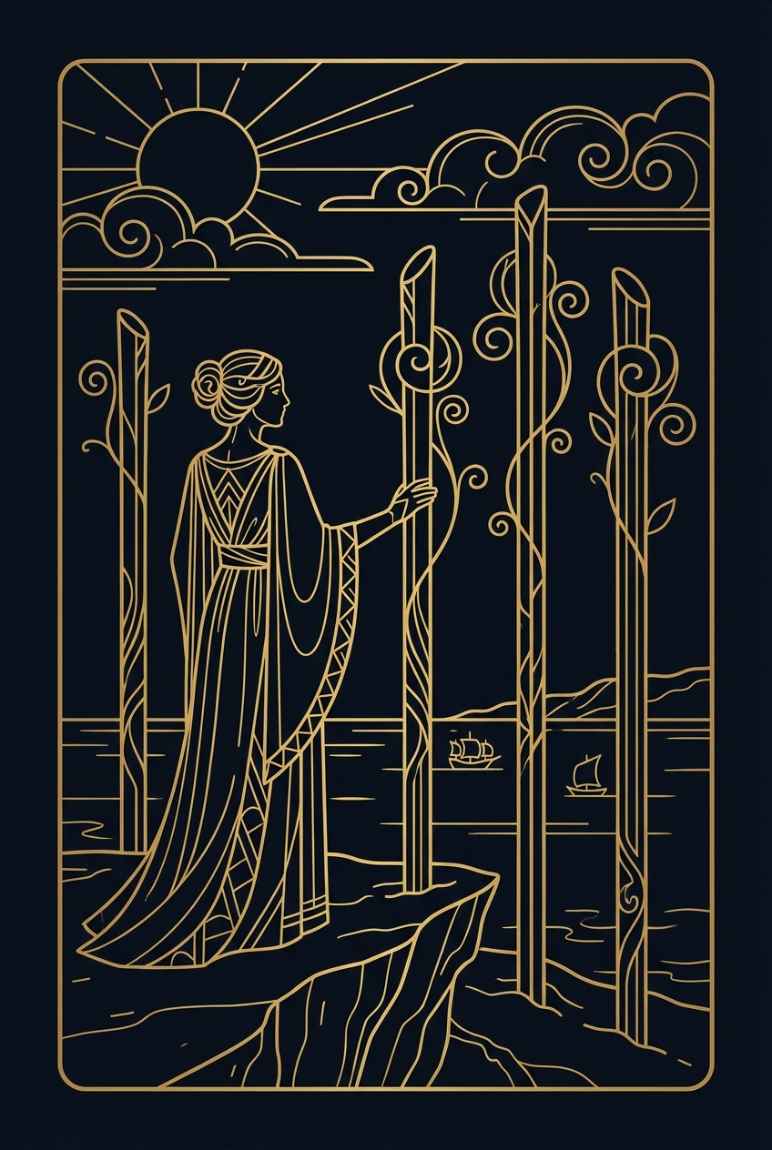 Three of Wands tarot card illustration